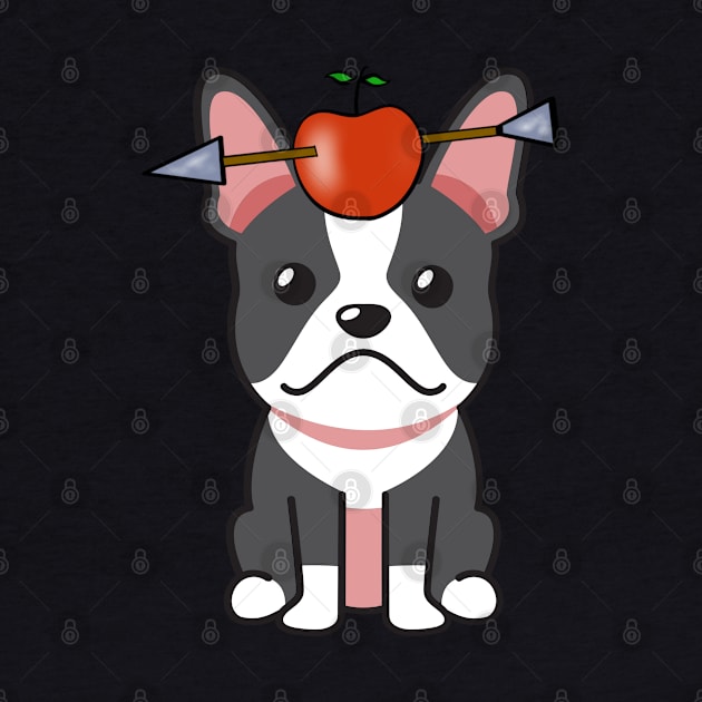 Funny french bulldog is playing william tell with an apple and arrow by Pet Station